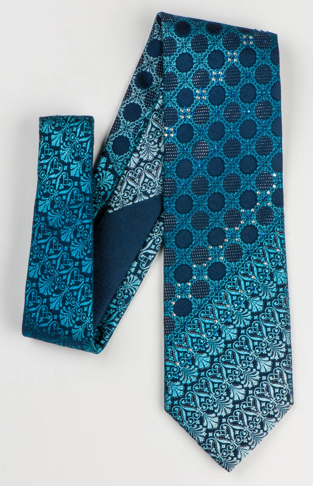 Park Land Silk Tie Anthemion Design On Blue With Silver Sparkles & Rhinestones - Image 3