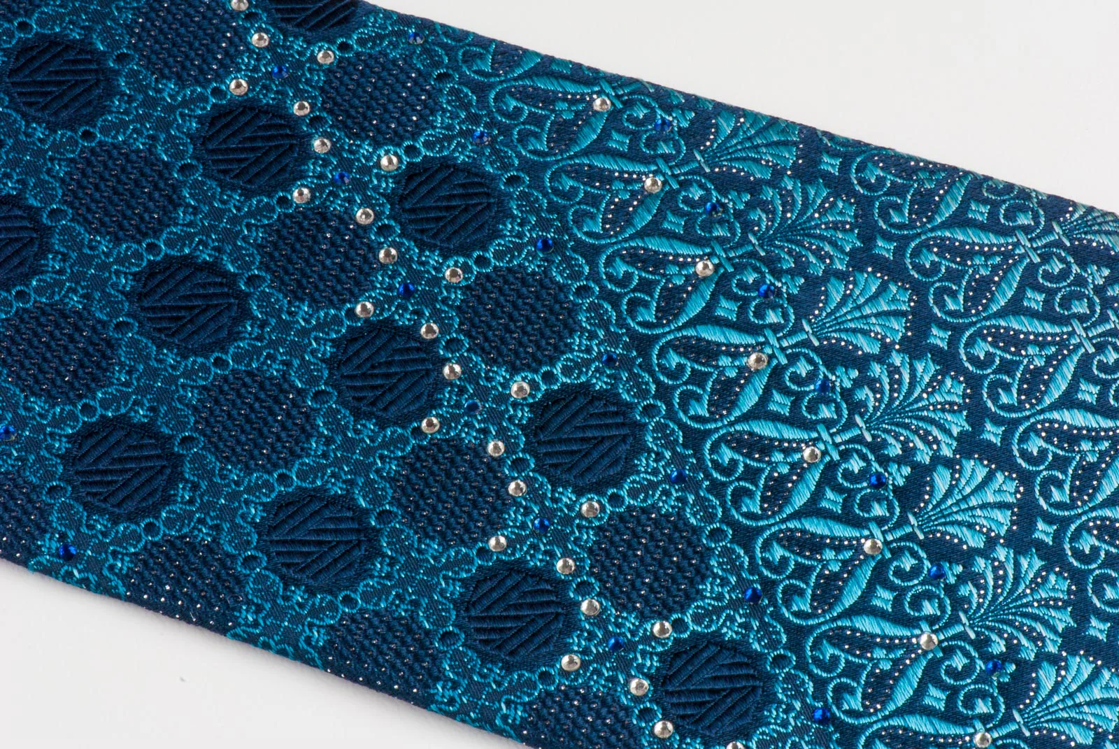 Park Land Silk Tie Anthemion Design On Blue With Silver Sparkles & Rhinestones - Image 6