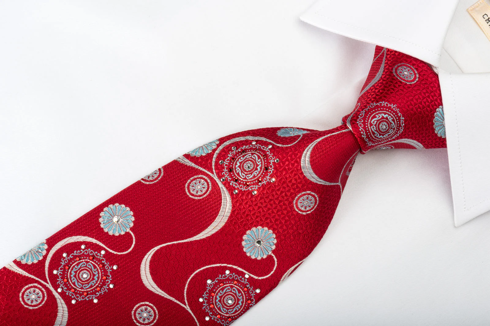 Park Land Silk Tie Silver Blue Medallion Floral With Waves On Red & Rhinestones - Image 8