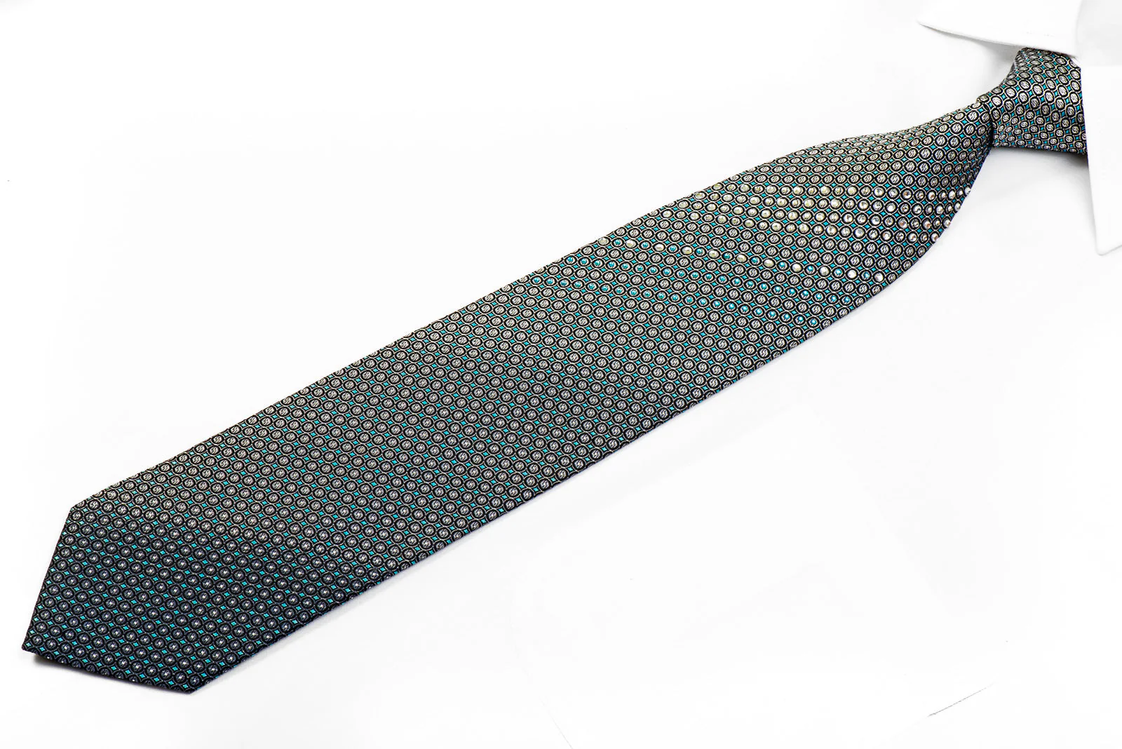 Parkland Men's Crystal Rhinestone Necktie Silver Teal Geometric On Black With Sparkles - Image 3