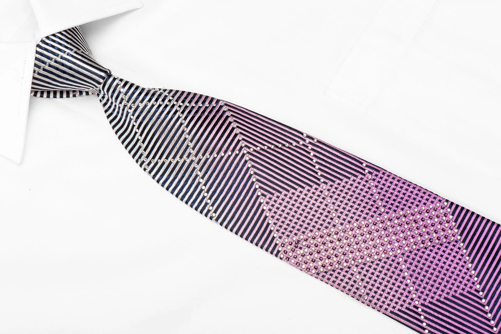 Parkland Men's Crystal Rhinestone Silk Necktie Blue Purple Geometric Stripe Design - Image 2