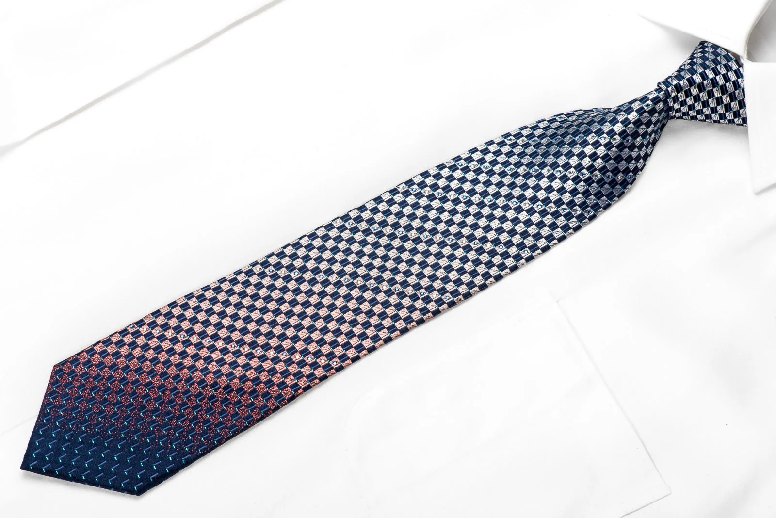 Men's Crystal Silk Necktie Blue Silver Orange Checkered With Blue Sparkles - Image 2