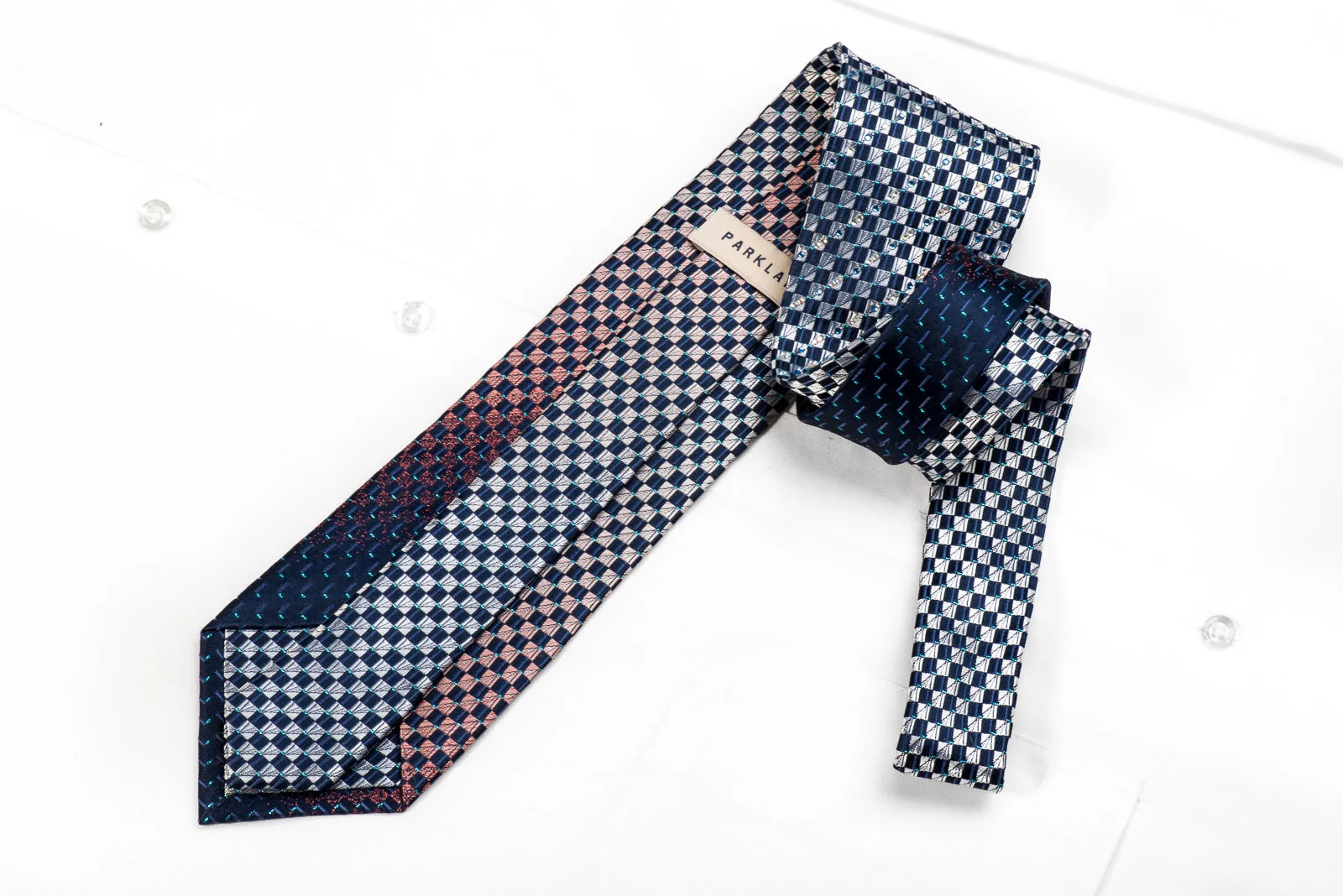 Men's Crystal Silk Necktie Blue Silver Orange Checkered With Blue Sparkles - Image 4