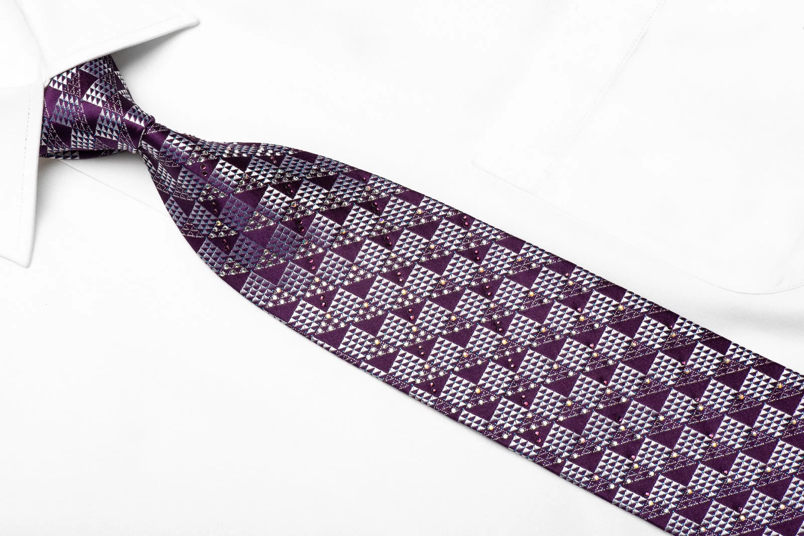 Parkland Men's Crystal Silk Necktie Silver Purple Checkered With Silver Sparkles - Image 2