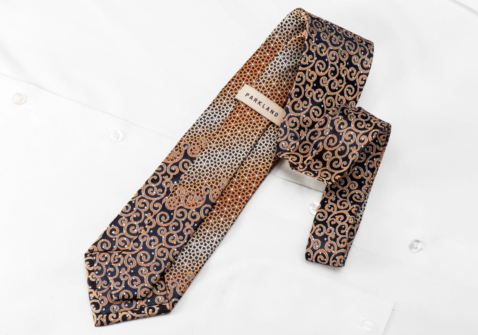 ParkLand Men's Crystal Silk Tie Orange Geometric Scrolls On Navy With Silver Sparkles - Image 3