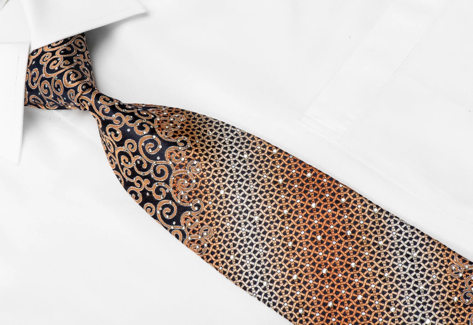 ParkLand Men's Crystal Silk Tie Orange Geometric Scrolls On Navy With Silver Sparkles - Image 4