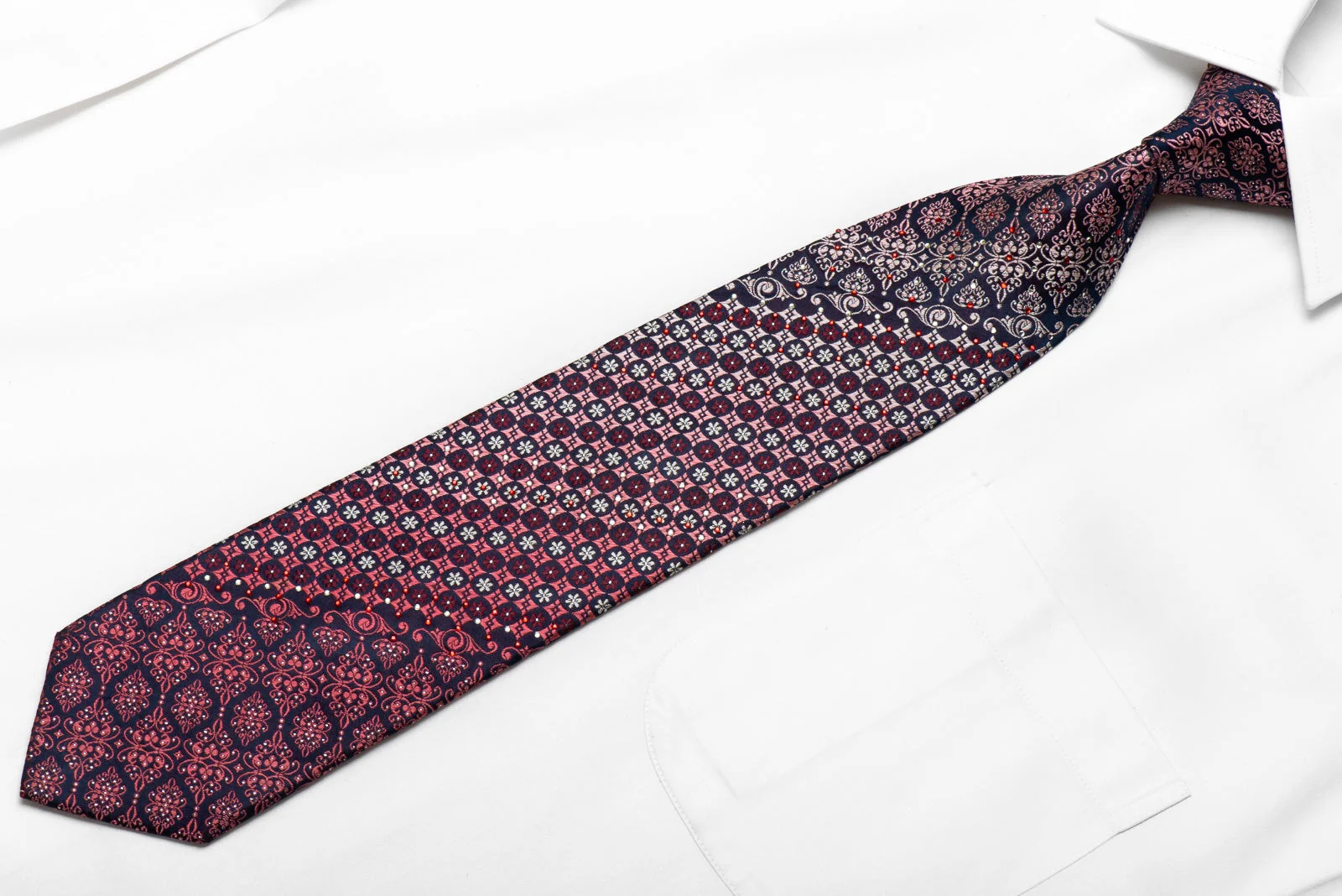 Parkland Men's Crystal Silk Tie Pink Cartouche On Navy With Silver Sparkles - Image 3