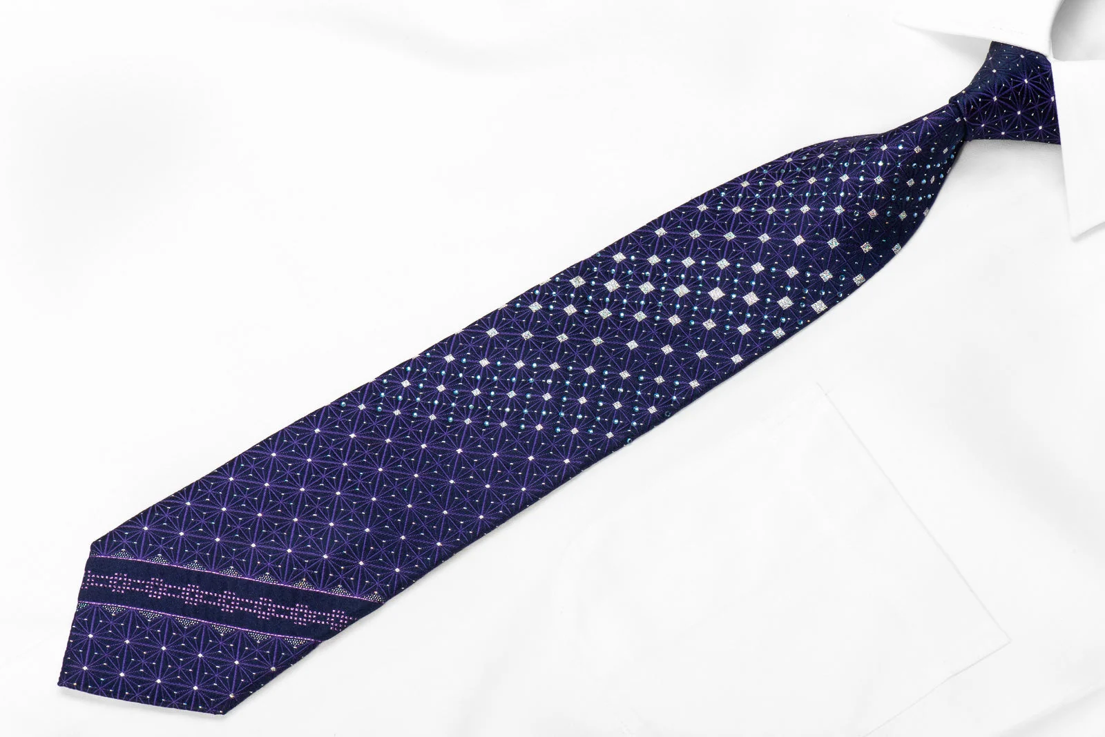Parkland Men's Crystal Silk Tie Purple Trellis Silver Squares On Navy With Sparkles - Image 2