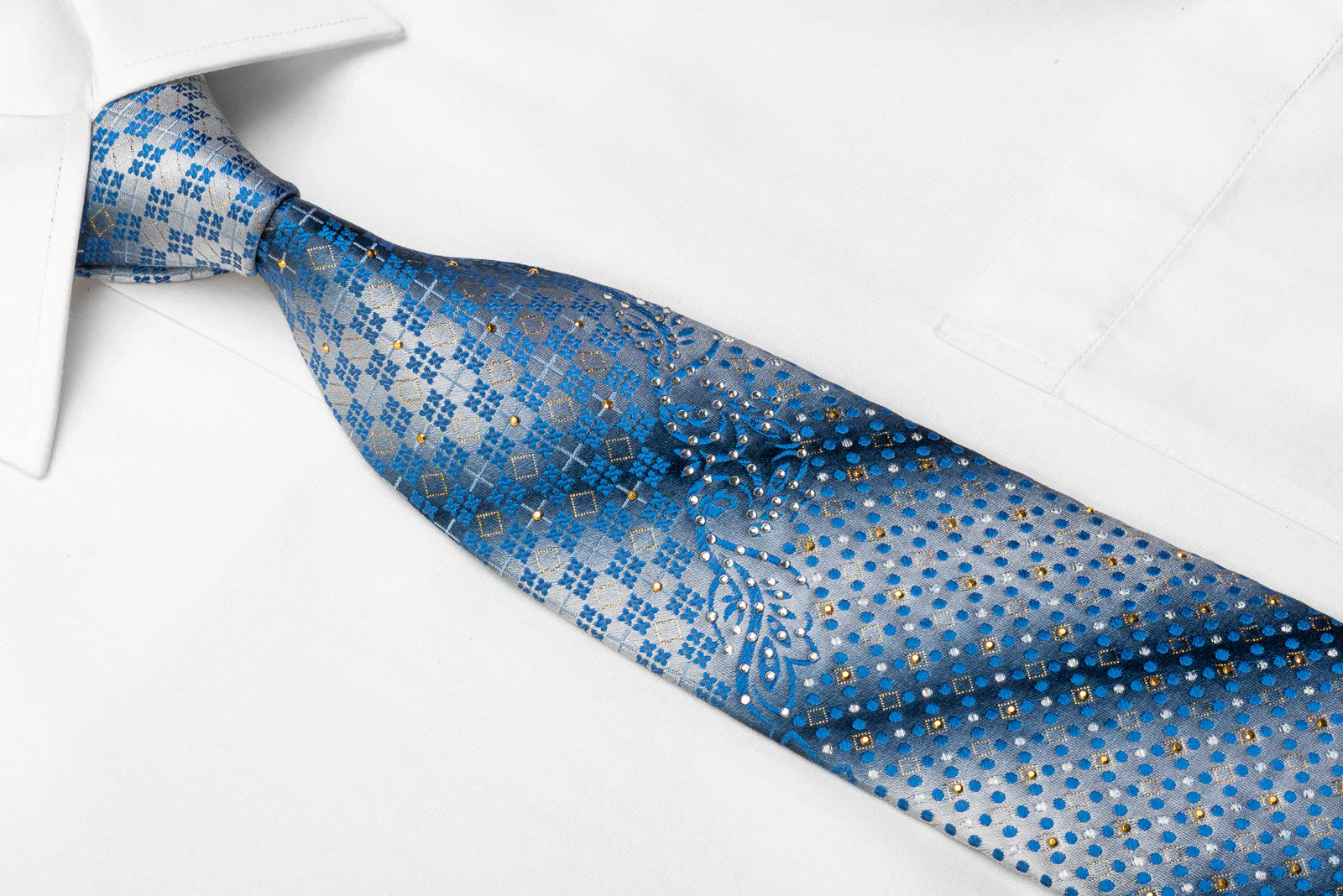 Parkland Men's Rhinestone Necktie Blue Geometric On Silver With Golden Studs - Image 2