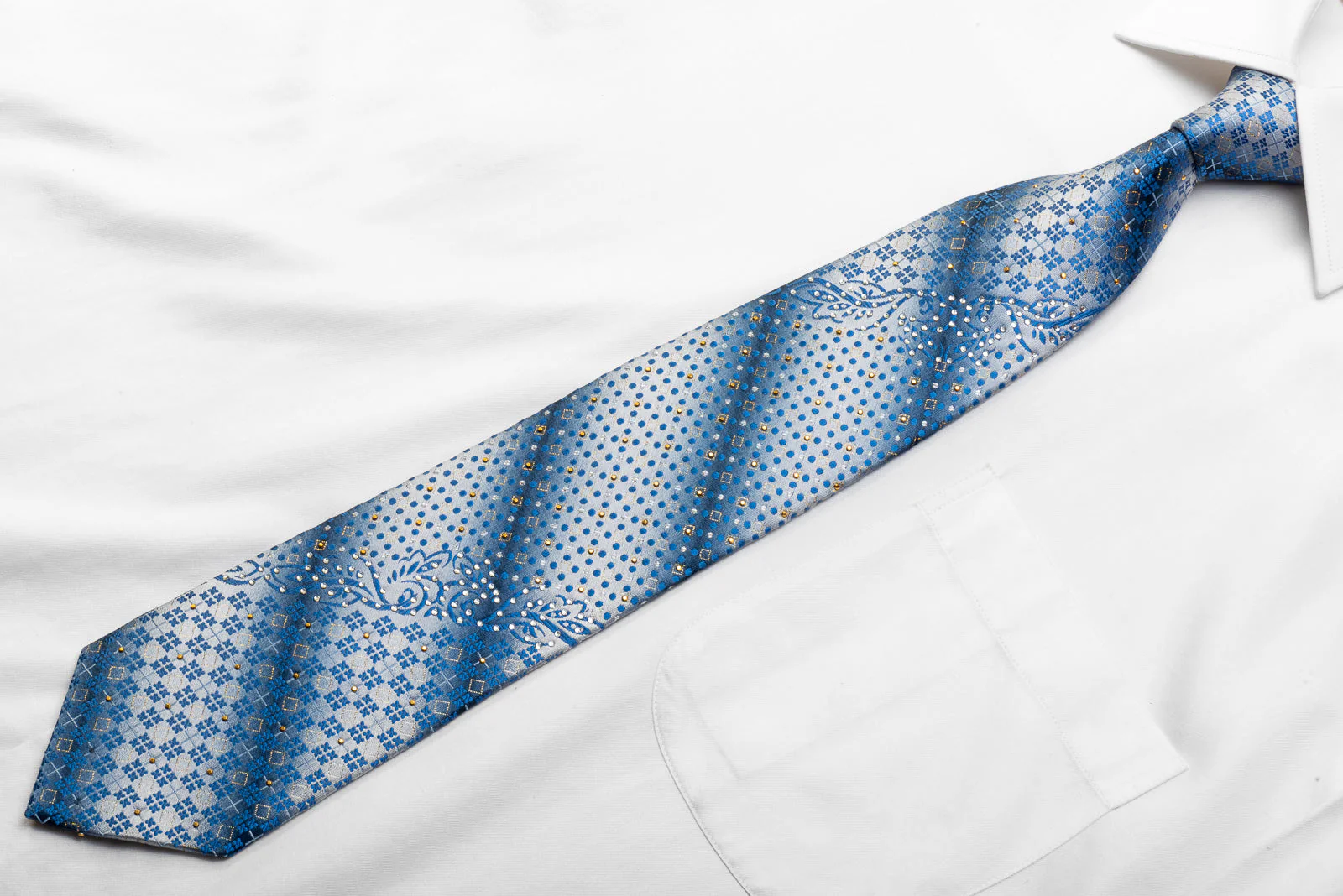 Parkland Men's Rhinestone Necktie Blue Geometric On Silver With Golden Studs - Image 3
