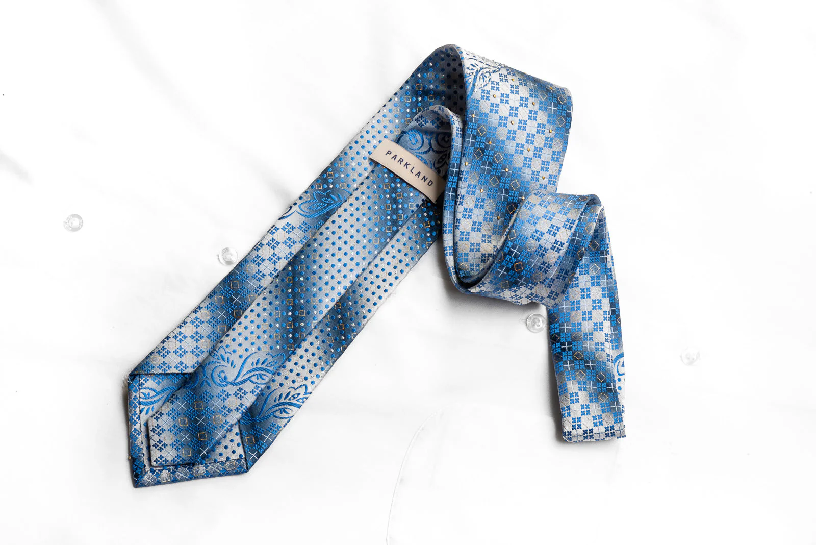 Parkland Men's Rhinestone Necktie Blue Geometric On Silver With Golden Studs - Image 4