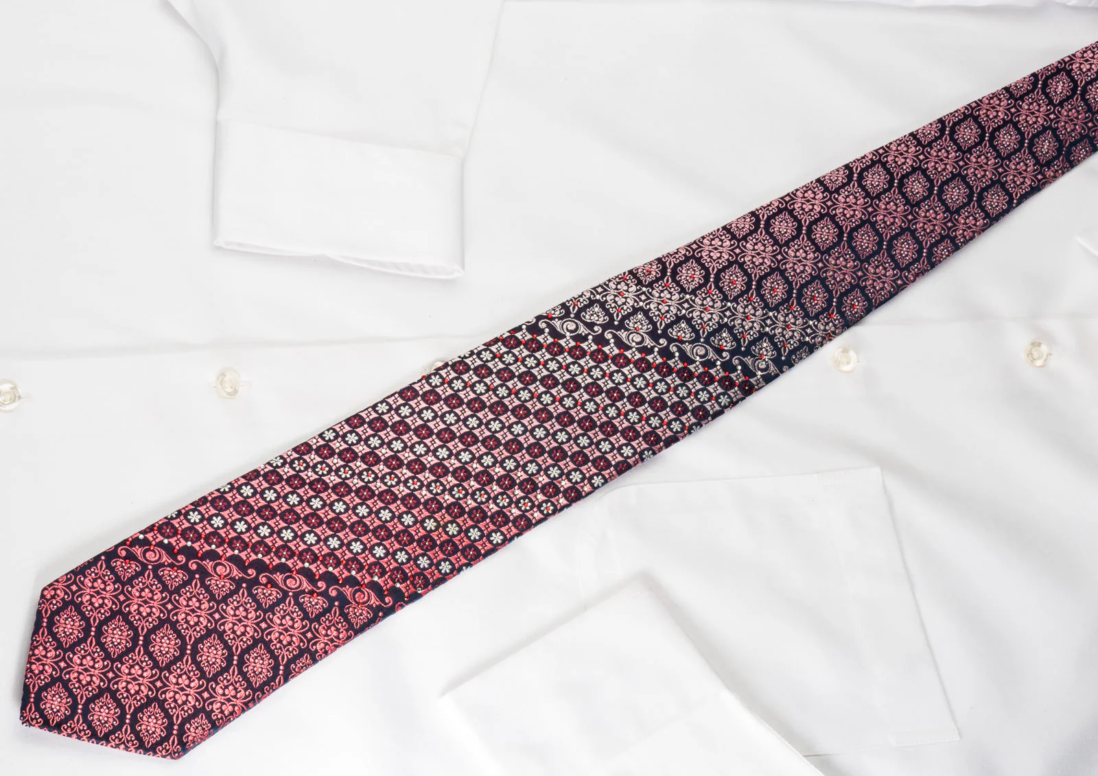 Parkland Mens Rhinestone Silk Necktie Burgundy Cartouche Foulard On Black With Silver Sparkles - Image 2