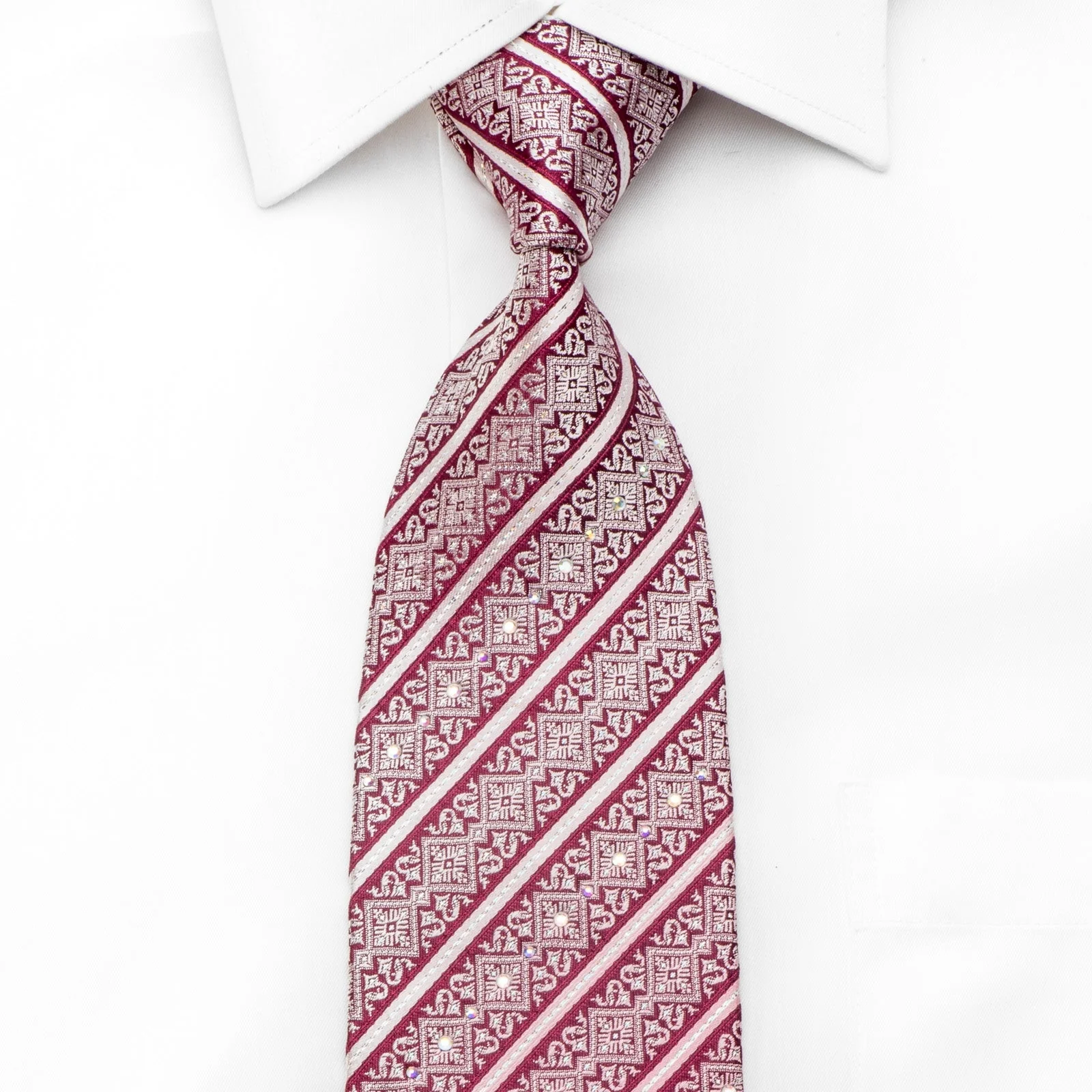 ParkLand Mens Rhinestone Silk Necktie Cartouche Striped On Burgundy With Sparkles