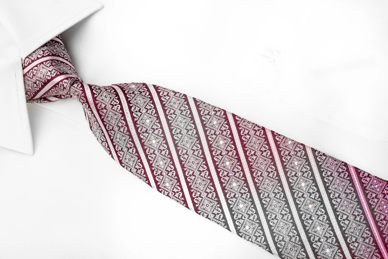 ParkLand Mens Rhinestone Silk Necktie Cartouche Striped On Burgundy With Sparkles - Image 3