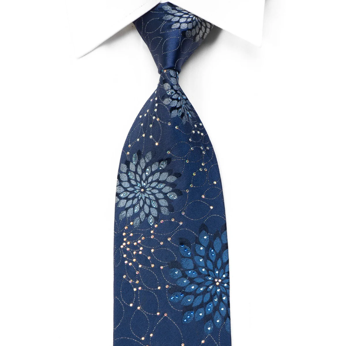 Parkland Mens Rhinestone Silk Tie Geometric Floral On Blue With Sparkles