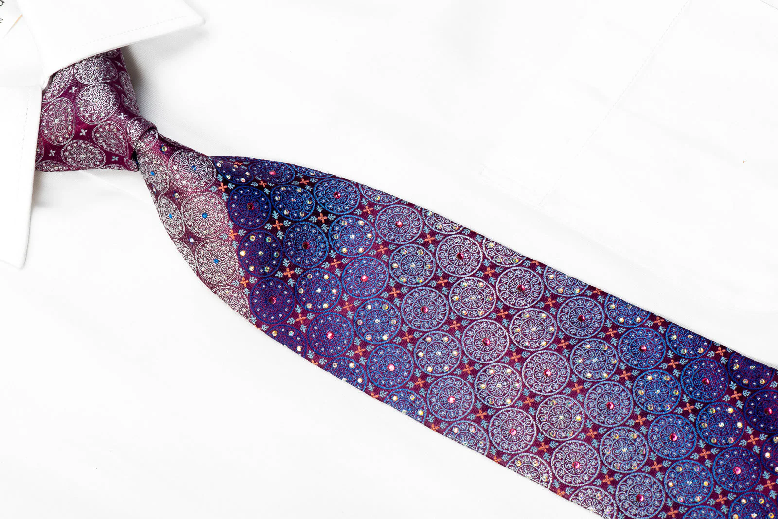 Parkland Rhinestone Silk Necktie Silver Blue Medallions On Burgundy With Sparkles - Image 2