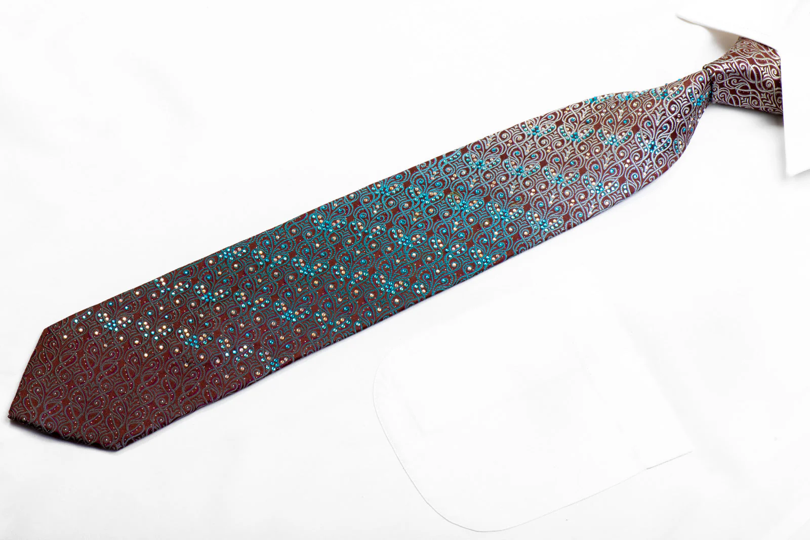 Parkland Rhinestone Silk Tie Silver Teal Anthemion Waves On Brown With Sparkles - Image 4