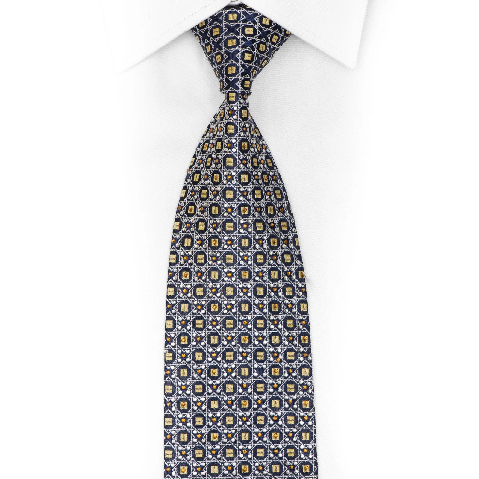 Silver Gold Trellis On Blue Rhinestone Silk Tie With Silver Sparkles