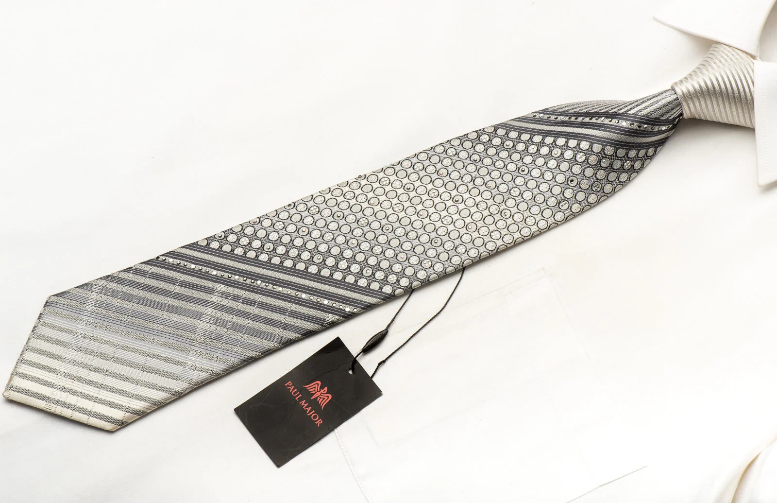Paul Major Men's Rhinestone Silk Necktie Geometric & Striped On Silver White With Sparkles - Image 3