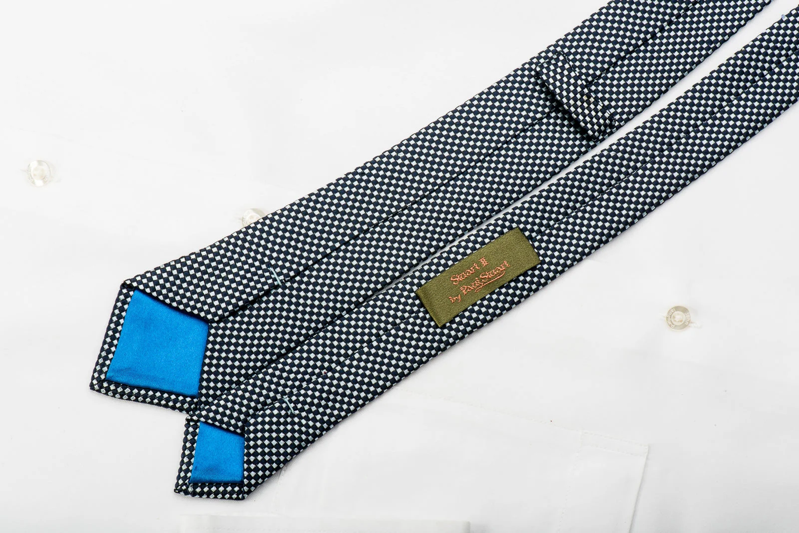 Paul Stuart Mens Skinny Necktie Silver Navy Micro Check - Image 3