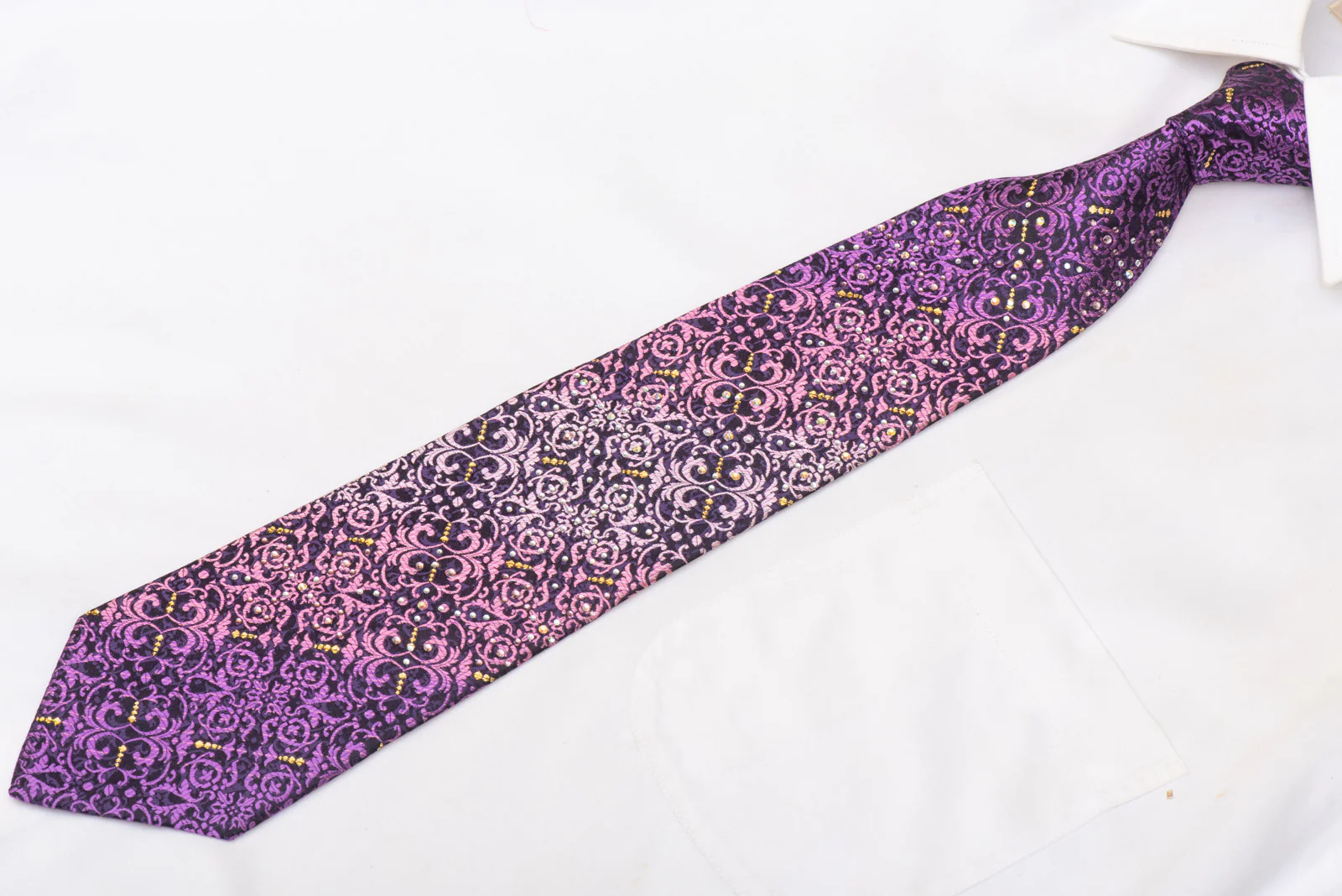 Purple Damask On Navy Blue Rhinestone Tie With Gold Sparkles - Image 3