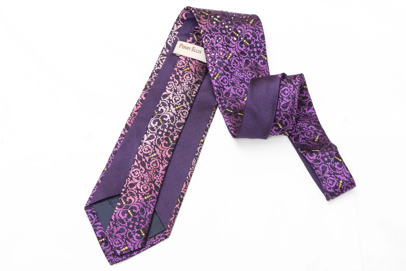 Purple Damask On Navy Blue Rhinestone Tie With Gold Sparkles - Image 4