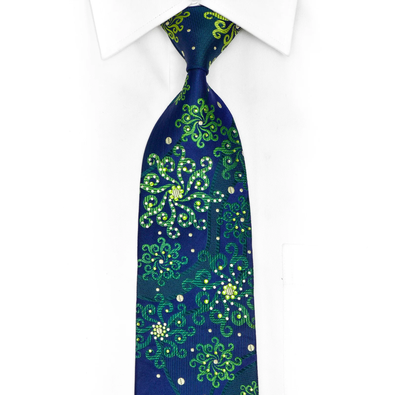 Green Scrolls on Navy Blue Rhinestone Silk Tie