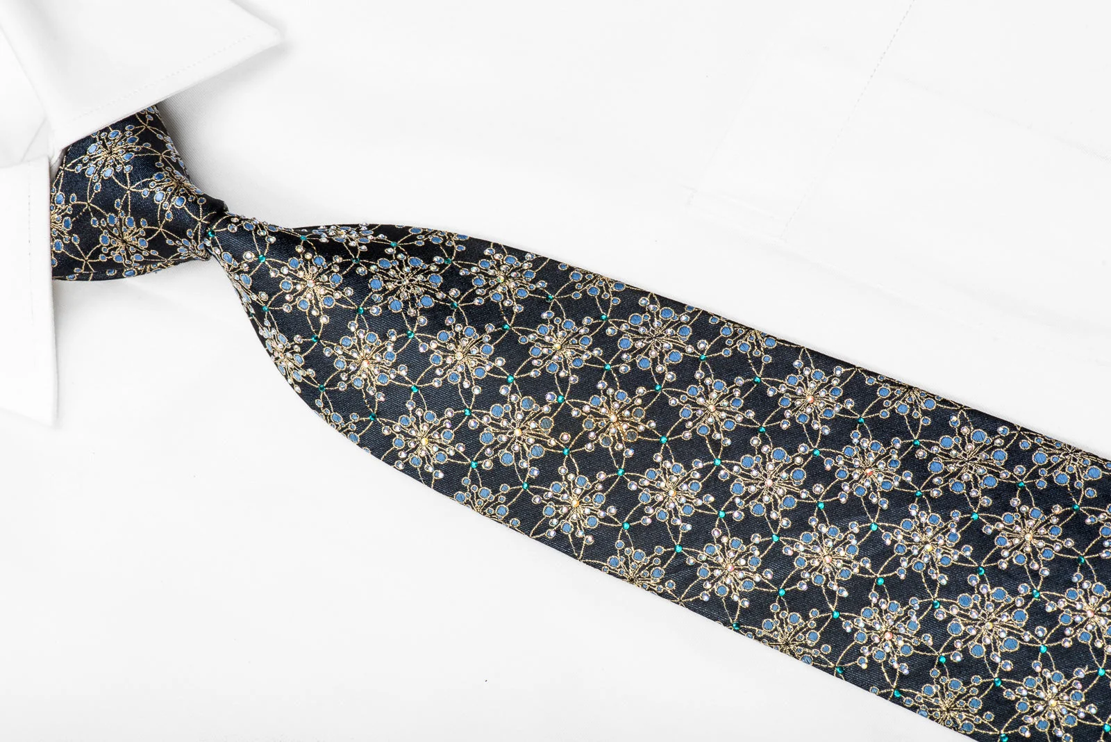 Men's Crystal Rhinestone Necktie Gold Arabesque on Navy With Gold Sparkles - Image 2