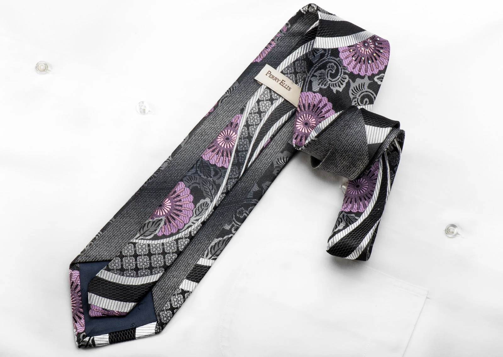 Perry Ellis Men's Crystal Rhinestone Necktie Silver Purple Waves & Floral On Black With Silver Sparkles - Image 5
