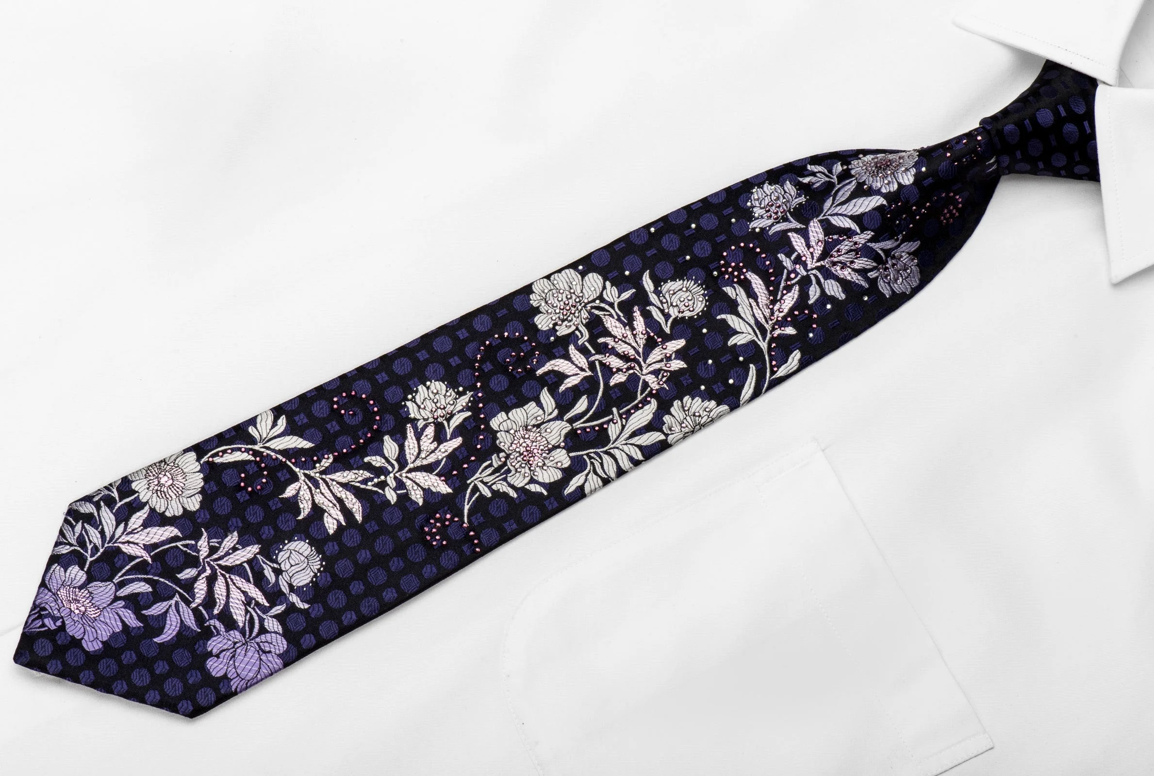 Perry Ellis Men's Crystal Silk Necktie Floral On Navy With Silver Sparkles - Image 3
