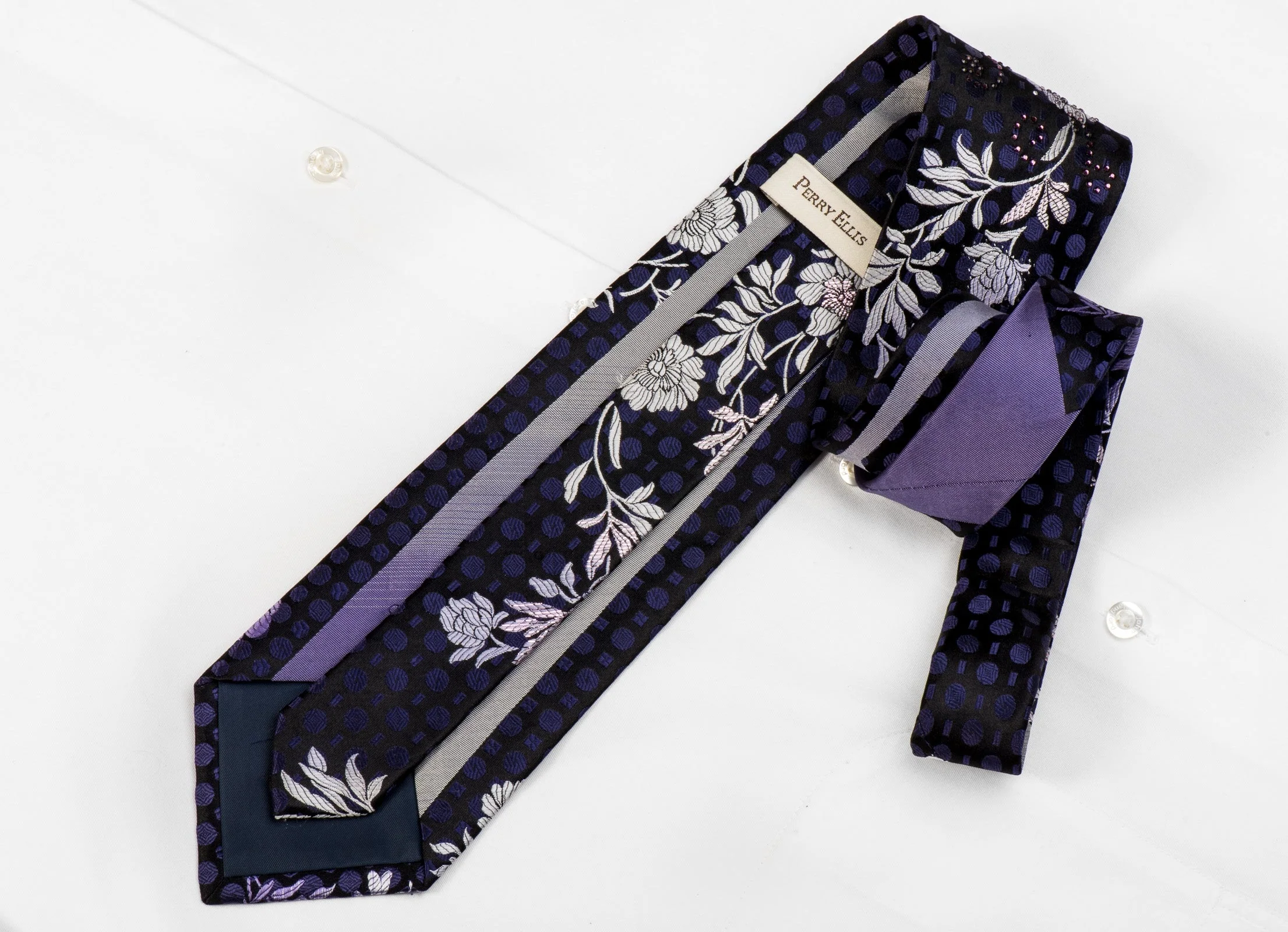 Perry Ellis Men's Crystal Silk Necktie Floral On Navy With Silver Sparkles - Image 4