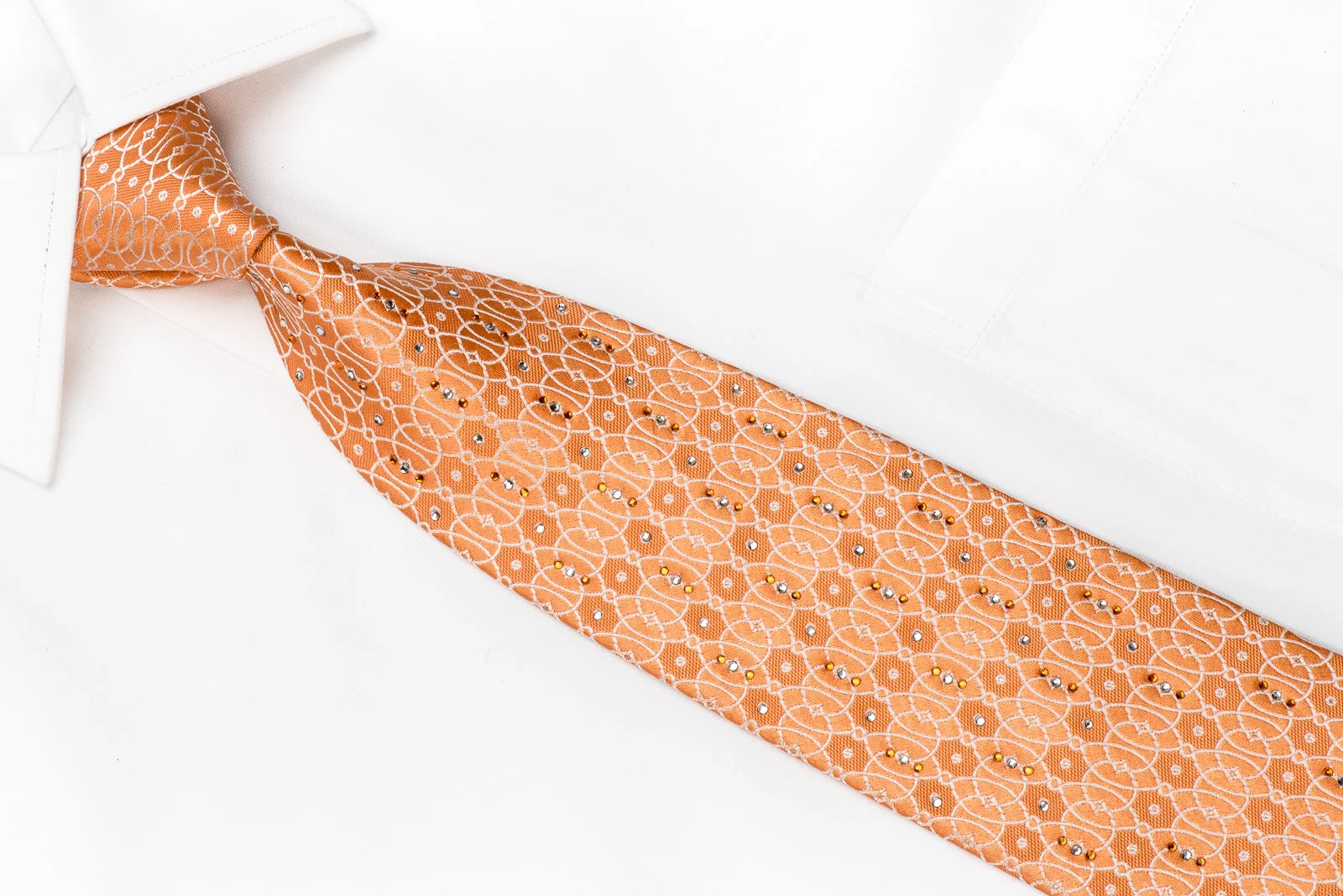 Perry Ellis Men's Crystal Silk Necktie Interlocking Geometric On Orange With Silver Sparkles - Image 3