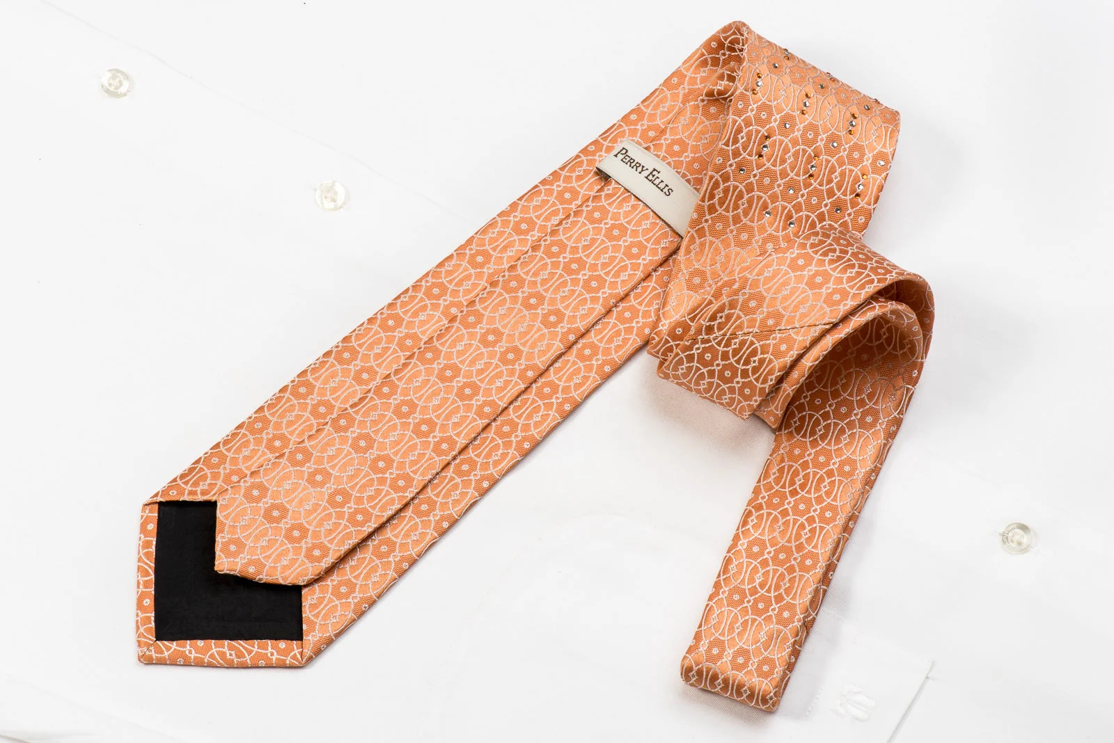 Perry Ellis Men's Crystal Silk Necktie Interlocking Geometric On Orange With Silver Sparkles - Image 4
