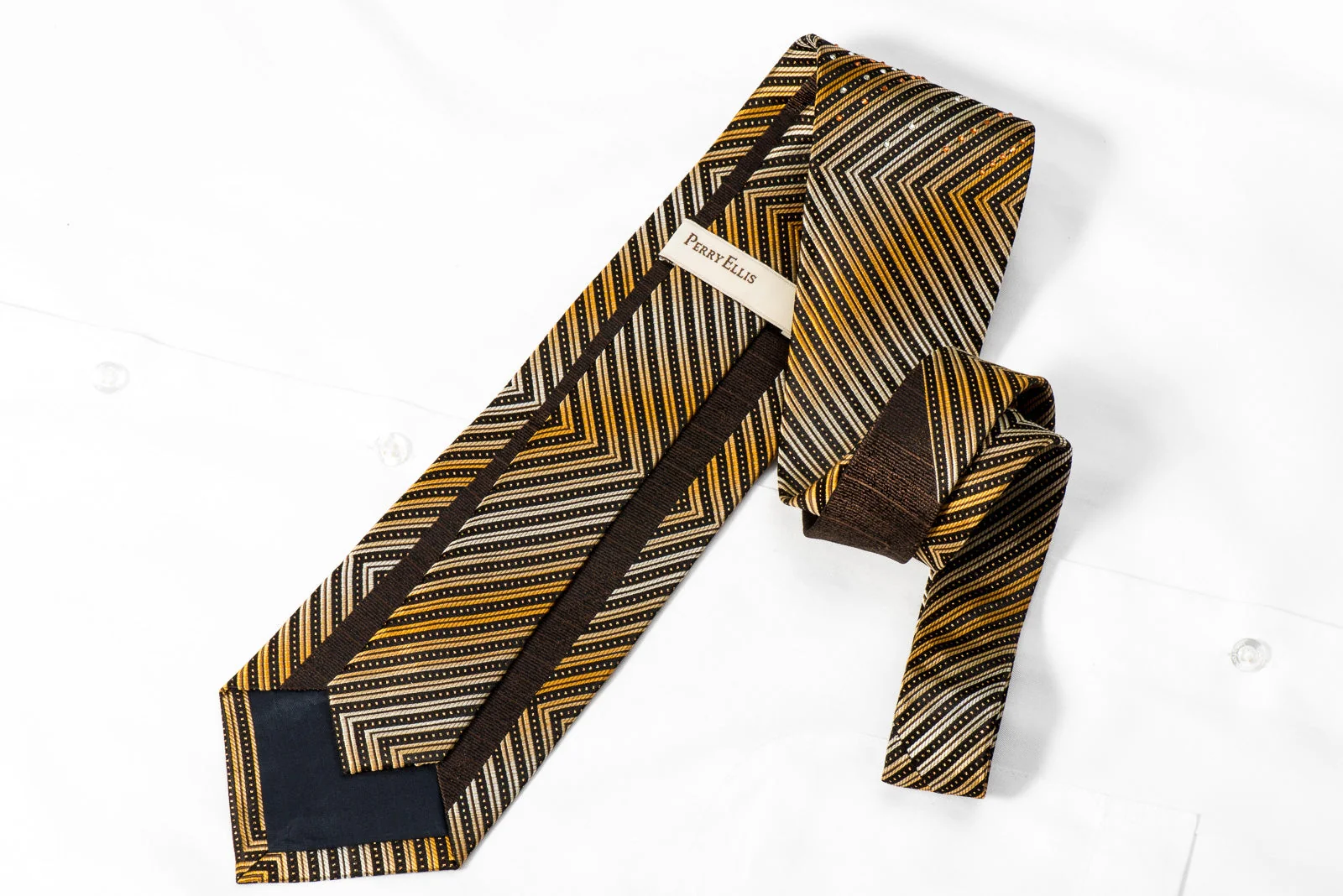 Perry Ellis Men's Crystal Silk Necktie Orange Brown Chevron With Gold Sparkles - Image 3