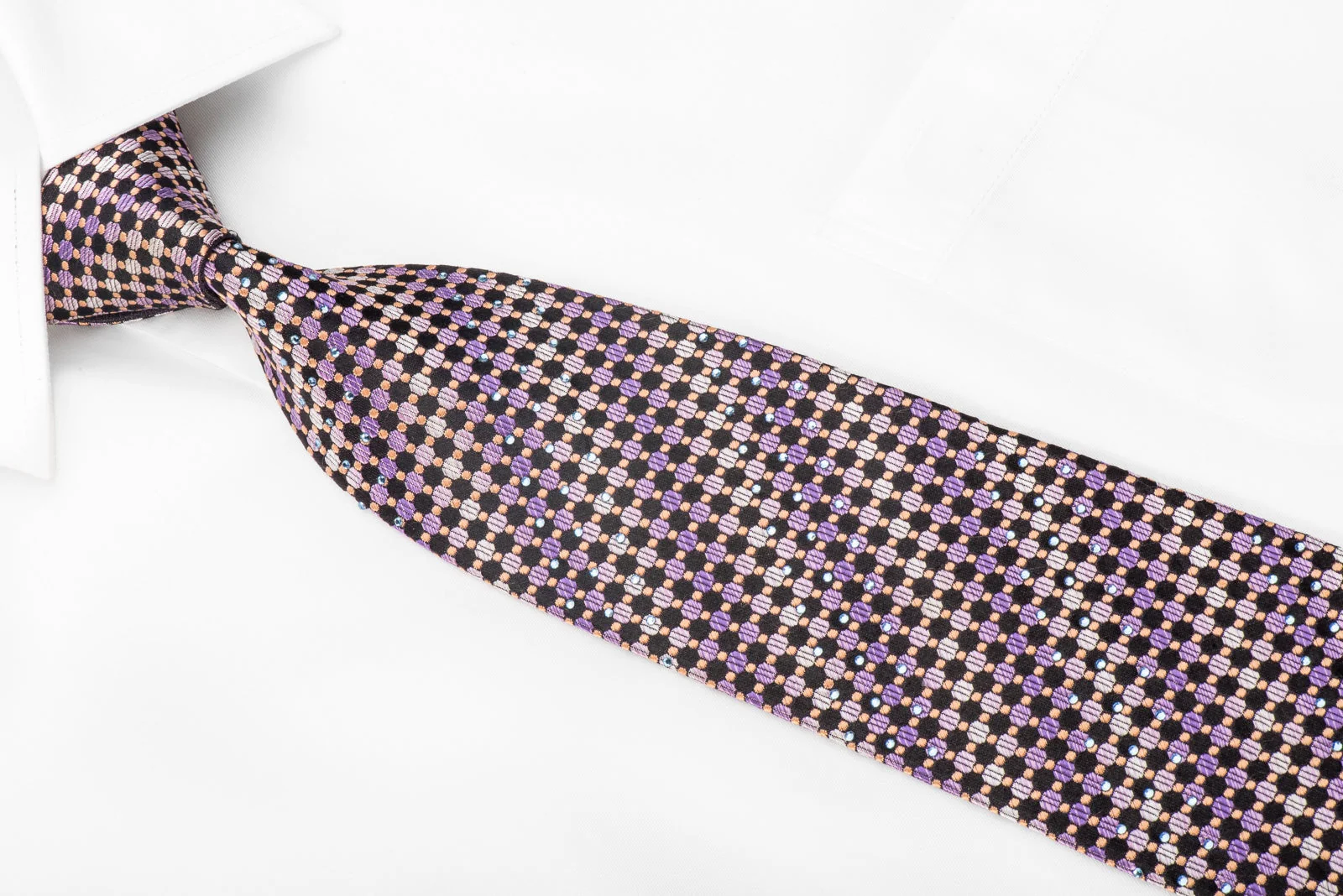 Perry Ellis Men's Crystal Silk Necktie Purple Orange Dots On Black - Image 3