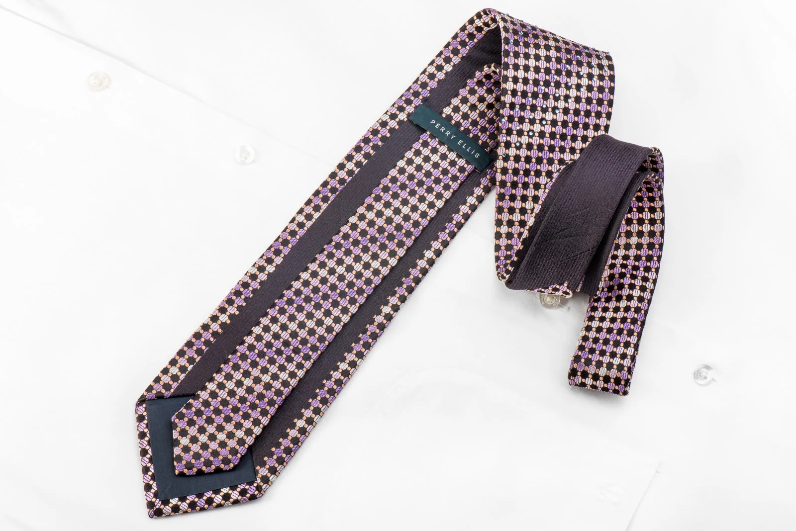 Perry Ellis Men's Crystal Silk Necktie Purple Orange Dots On Black - Image 4
