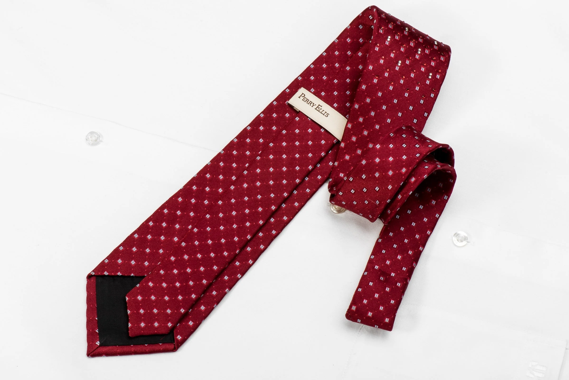 Perry Ellis Men's Crystal Silk Necktie Silver Micro Squares On Burgundy - Image 4