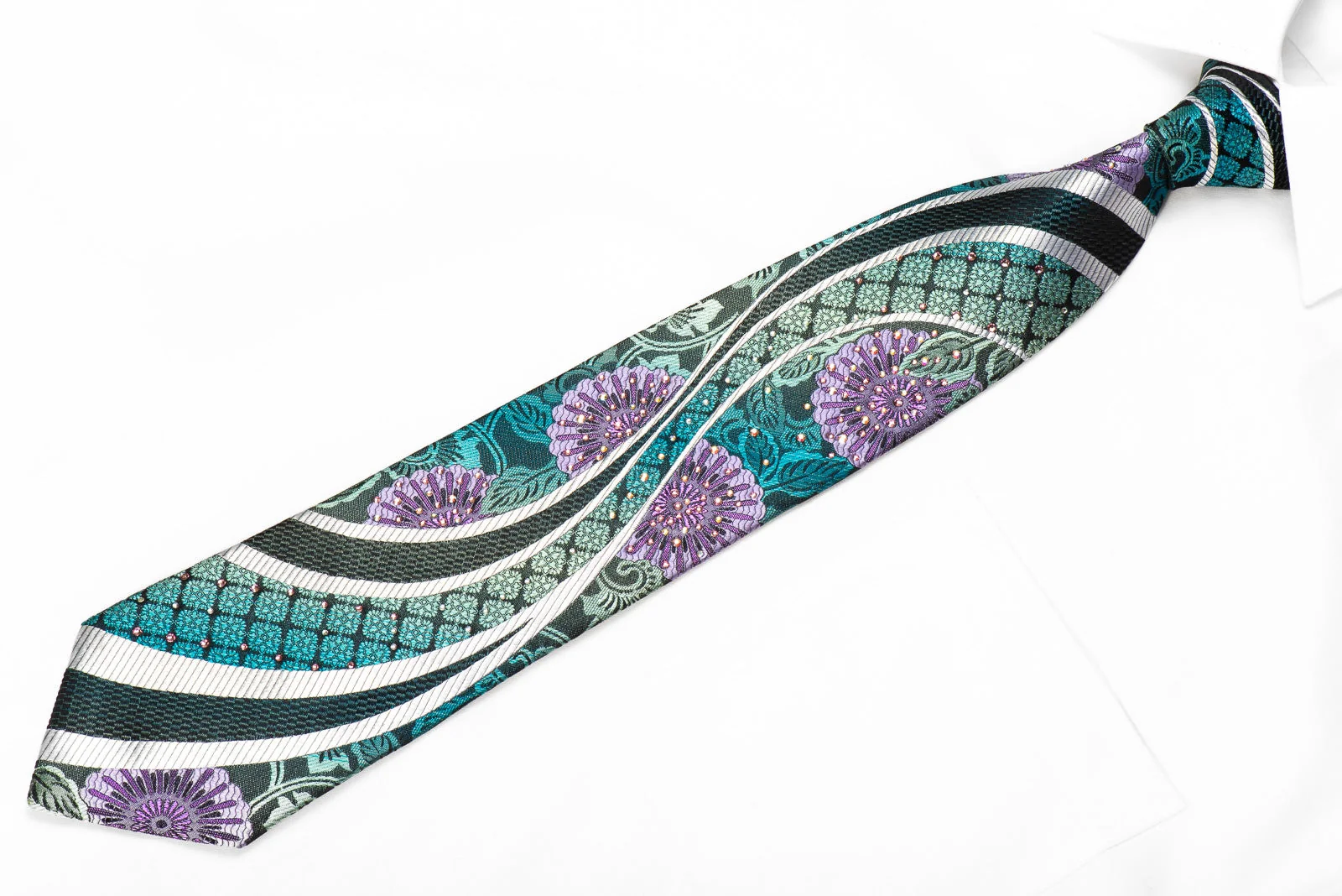 Perry Ellis Men's Crystal Silk Necktie Silver Waves On Floral On Navy With Purple Sparkles - Image 2