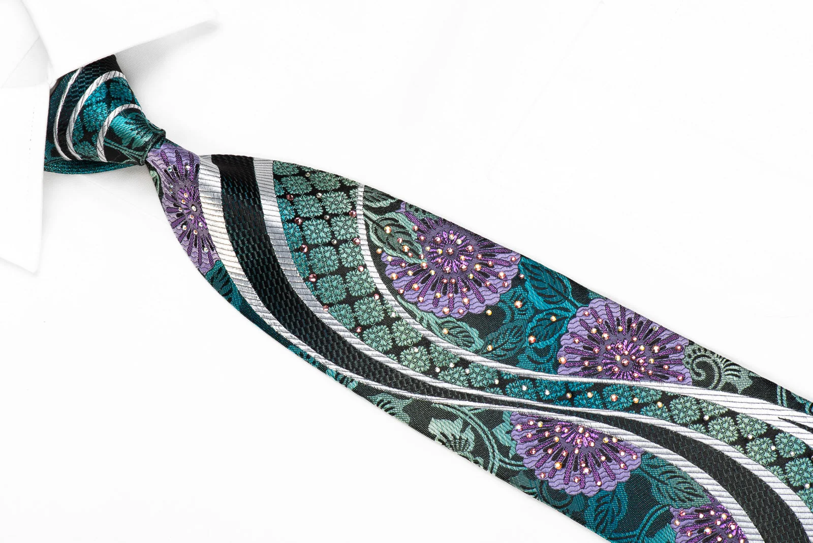 Perry Ellis Men's Crystal Silk Necktie Silver Waves On Floral On Navy With Purple Sparkles - Image 3