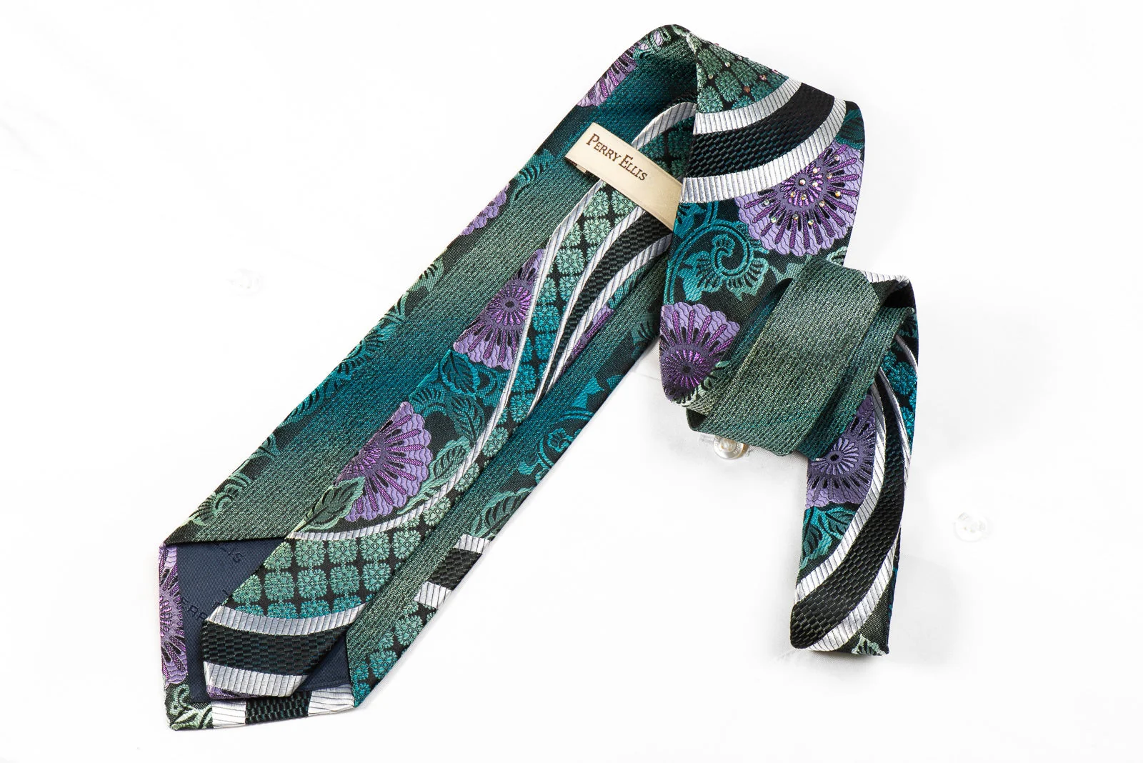 Perry Ellis Men's Crystal Silk Necktie Silver Waves On Floral On Navy With Purple Sparkles - Image 4