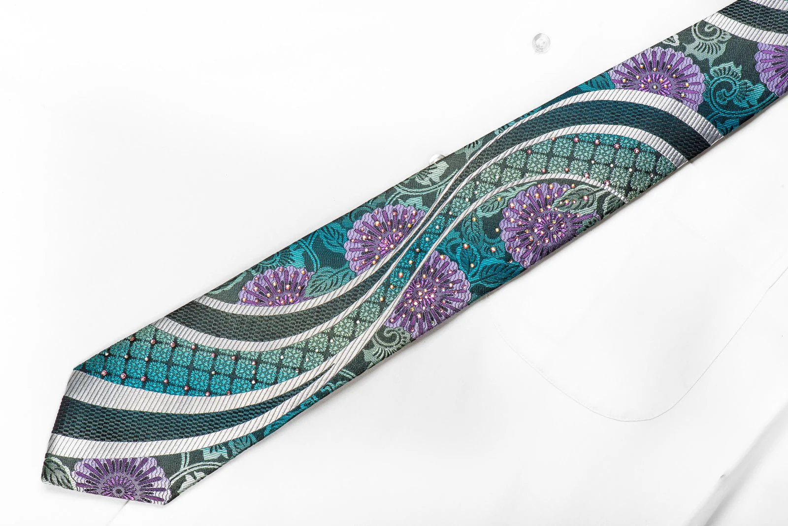 Perry Ellis Men's Crystal Silk Necktie Silver Waves On Floral On Navy With Purple Sparkles - Image 5