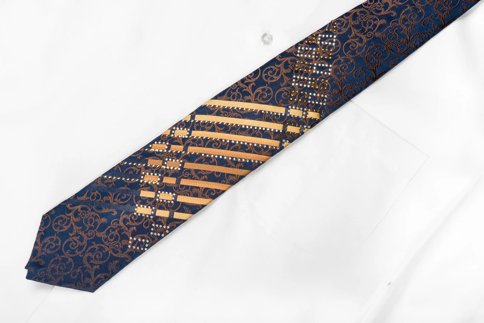 Perry Ellis Men's Crystal Silk Tie Brown Acanthus & Stripes On Navy With Gold Sparkles - Image 4