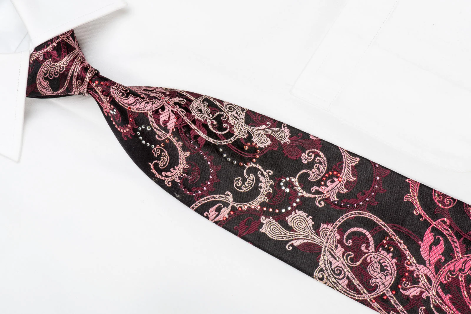 Perry Ellis Men's Crystal Silk Tie Burgundy Acanthus On Black With Silver Sparkles - Image 2