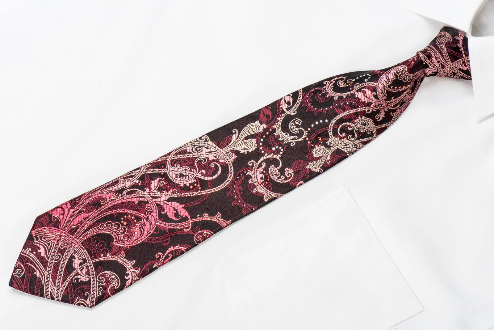 Perry Ellis Men's Crystal Silk Tie Burgundy Acanthus On Black With Silver Sparkles - Image 3
