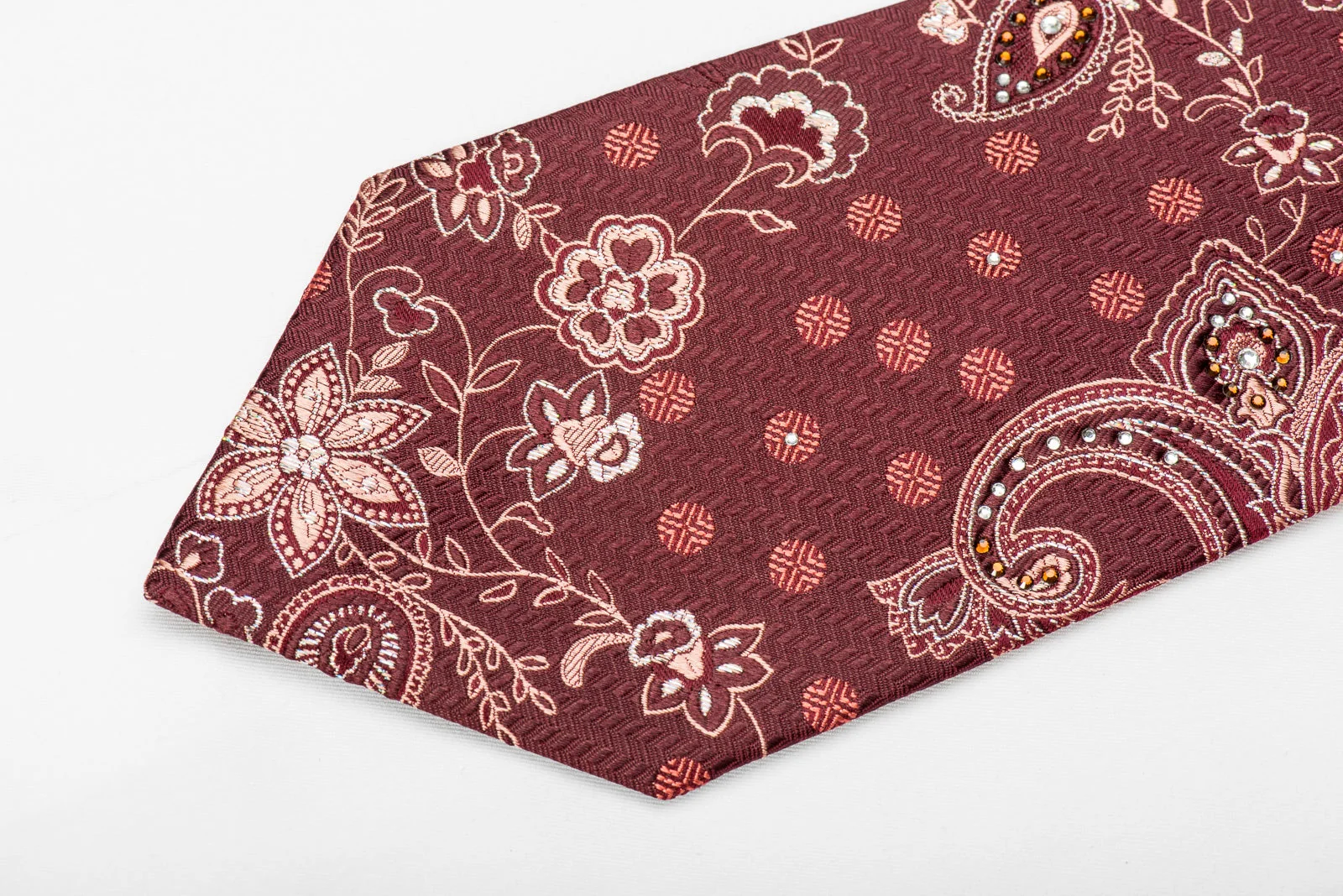 Perry Ellis Men's Crystal Silk Tie Paisley Anthemion On Burgundy With Silver Sparkles - Image 4