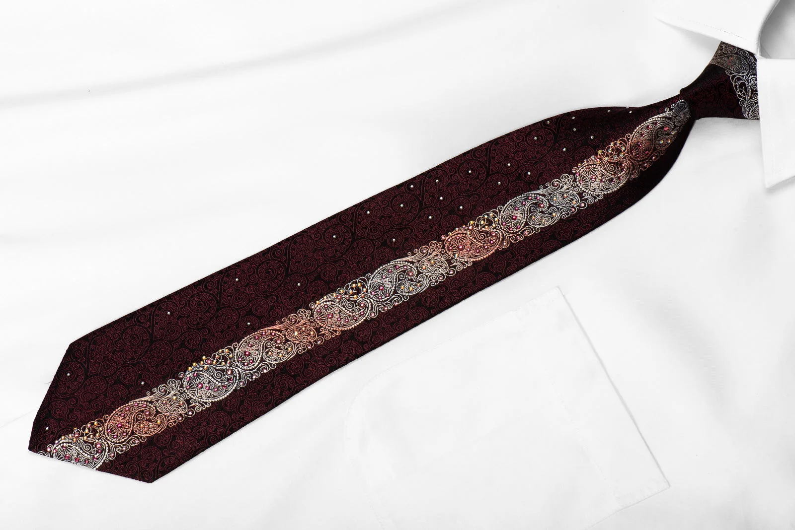 Perry Ellis Men's Crystal Silk Tie Silver Burgundy Paisley On Black With Silver Sparkles - Image 2
