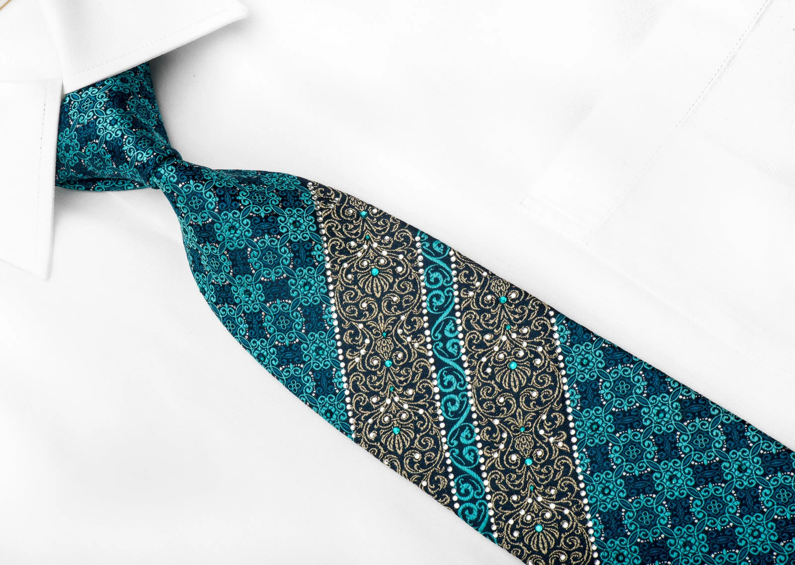 Perry Ellis Men's Crystal Silk Tie Turquoise Gold Cartouche With Silver Sparkles - Image 2