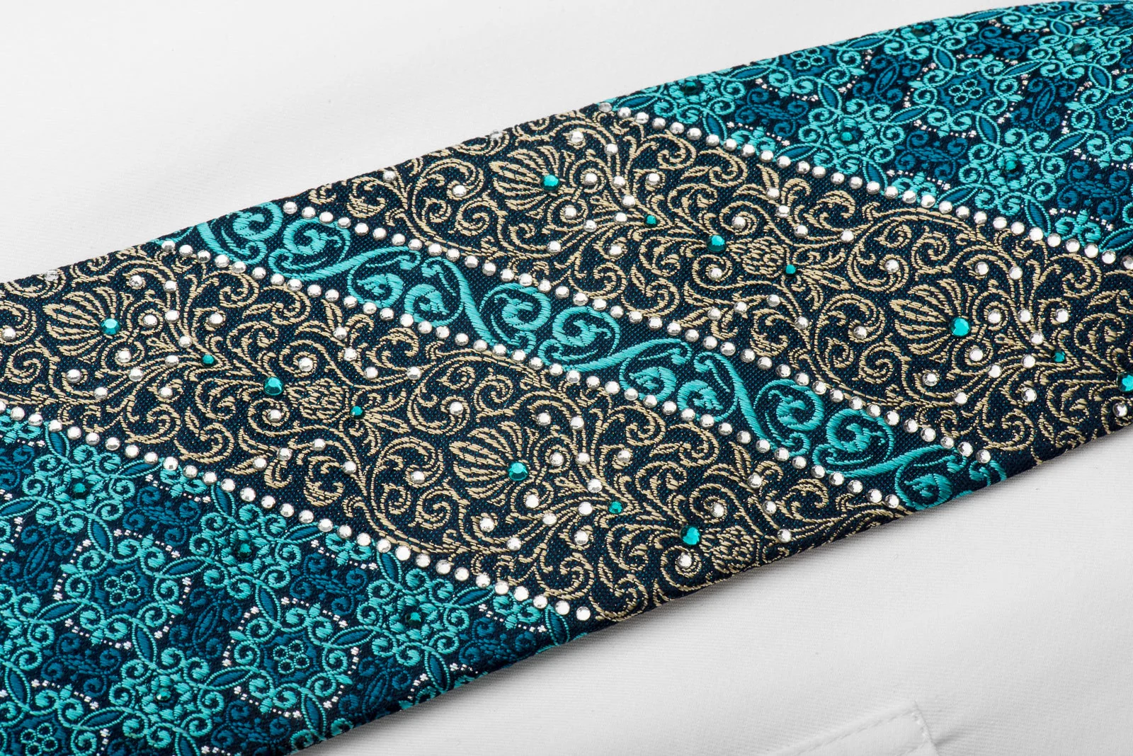 Perry Ellis Men's Crystal Silk Tie Turquoise Gold Cartouche With Silver Sparkles - Image 3