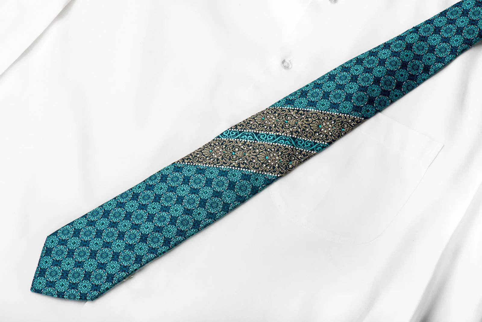 Perry Ellis Men's Crystal Silk Tie Turquoise Gold Cartouche With Silver Sparkles - Image 4