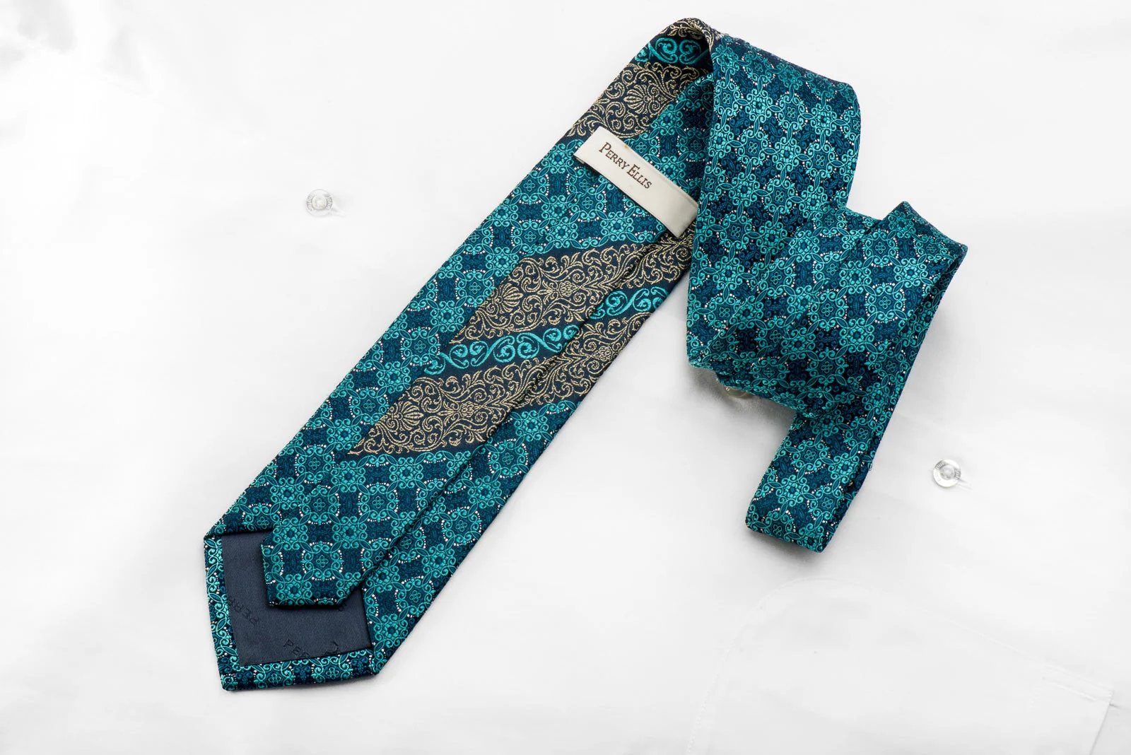 Perry Ellis Men's Crystal Silk Tie Turquoise Gold Cartouche With Silver Sparkles - Image 5